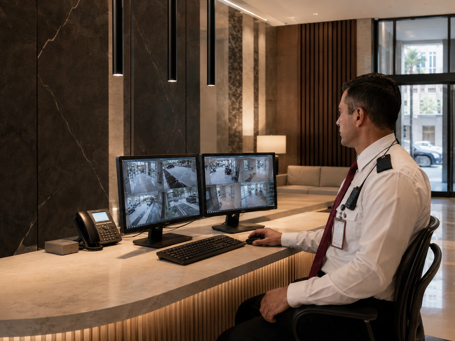 Vigilador supervisando las cámaras de seguridad existentes del edificio