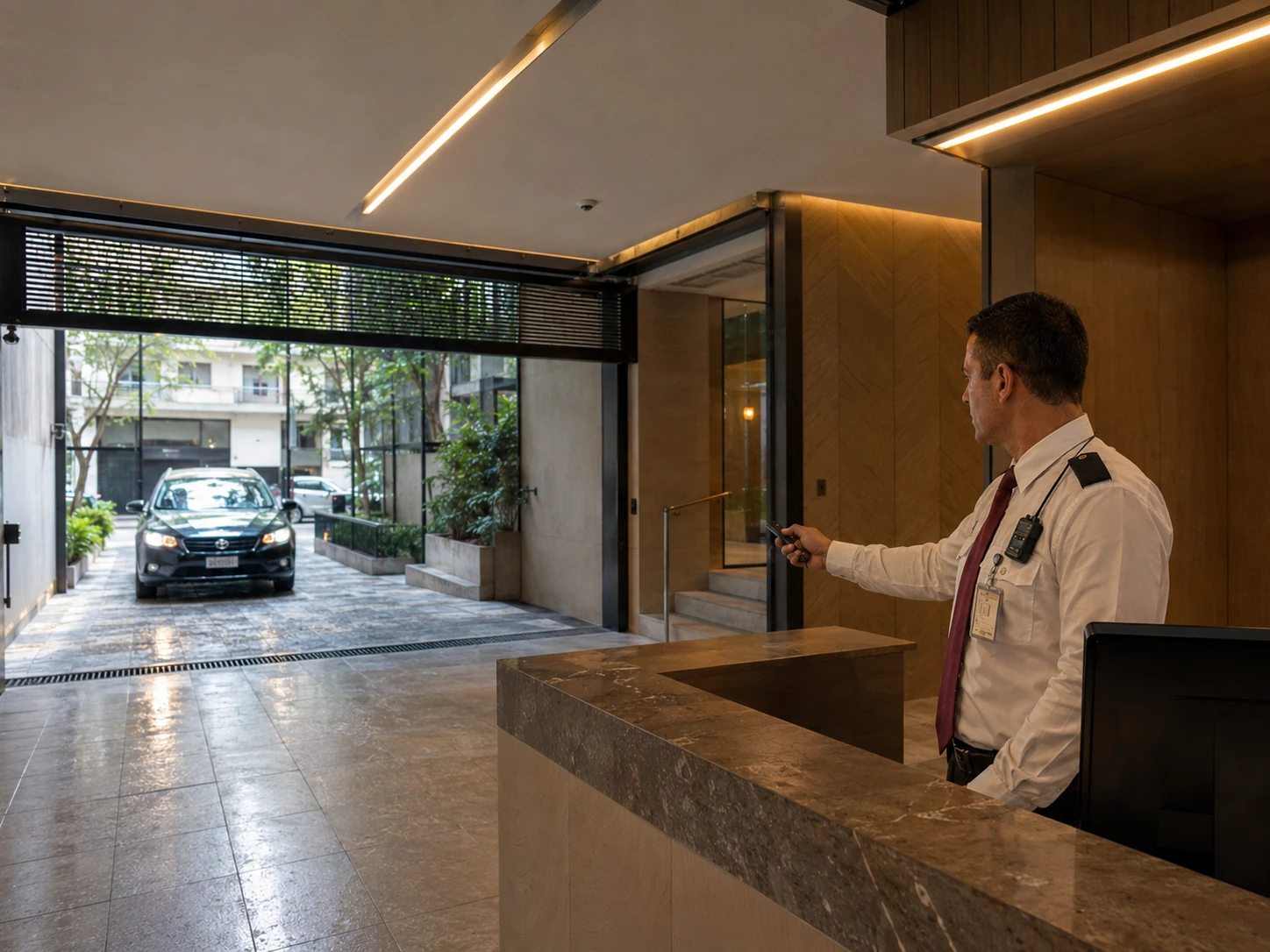 Vigilador gestionando desde su puesto el acceso vehicular a la cochera