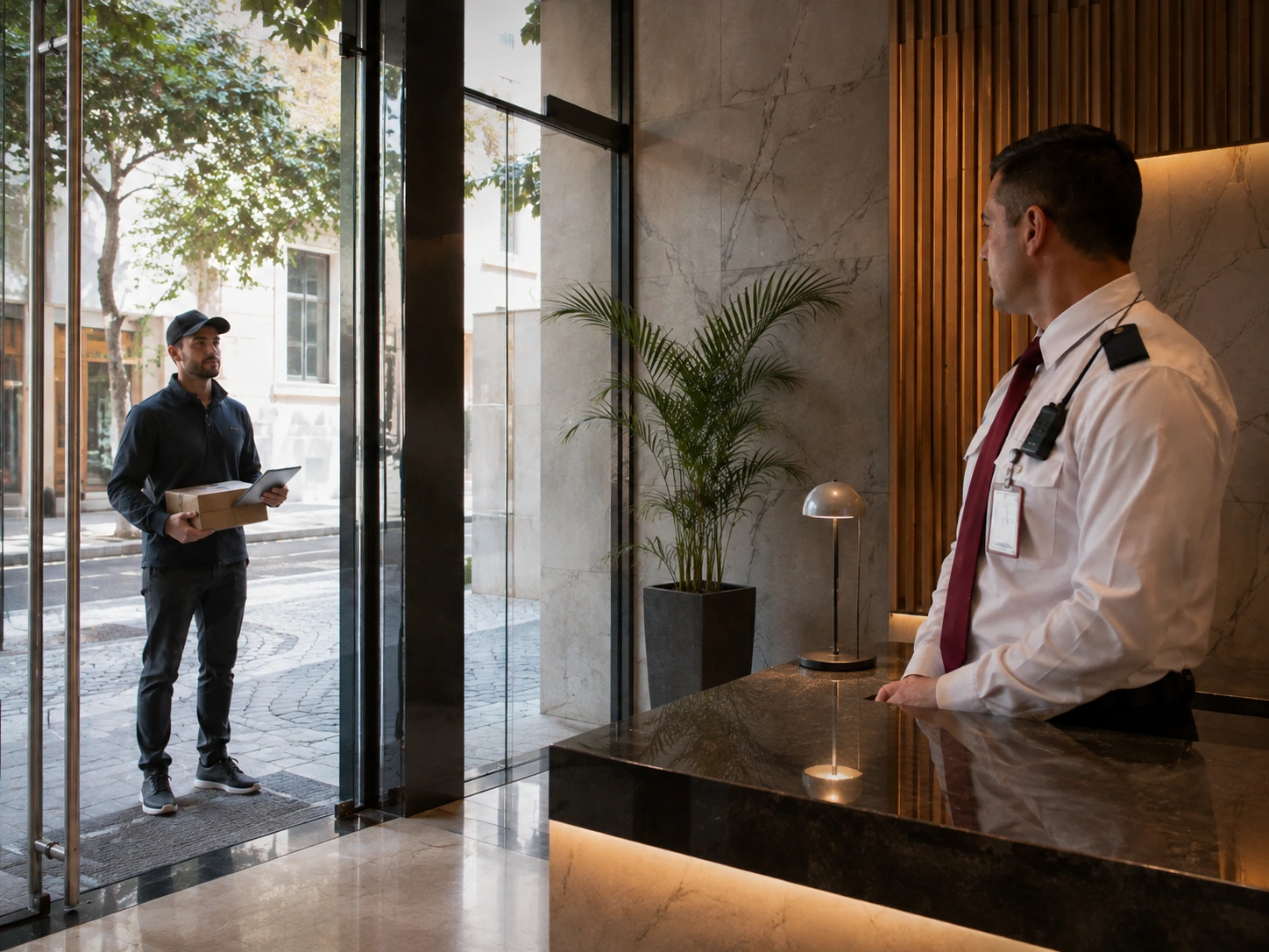 Vigilador atendiendo a un proveedor desde el acceso sin permitir un ingreso innecesario al edificio