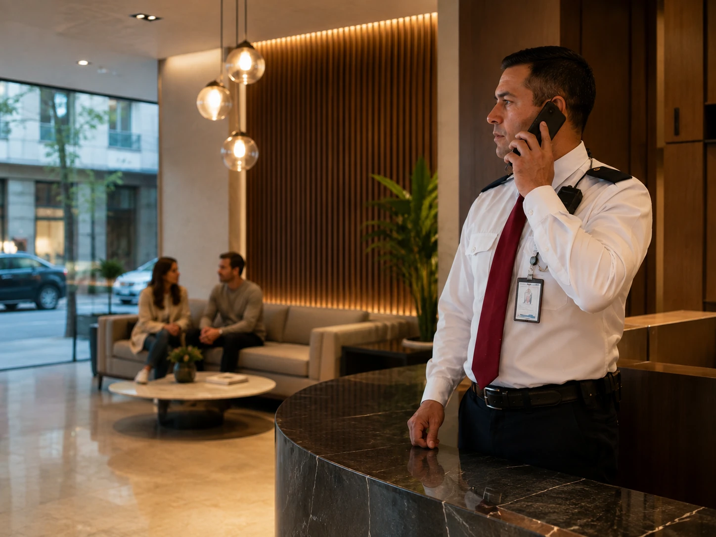 Vigilador de seguridad gestionando una comunicación operativa desde el interior del edificio
