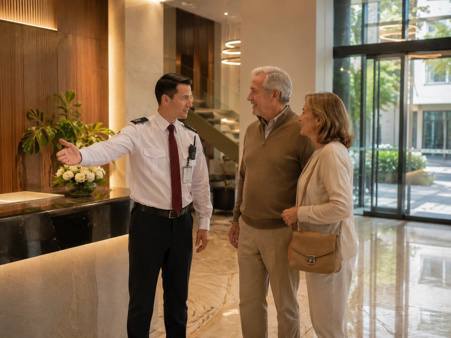 Vigilador orientando a residentes dentro del hall del edificio