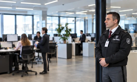 Vigilador dentro de una oficina supervisando el espacio de trabajo